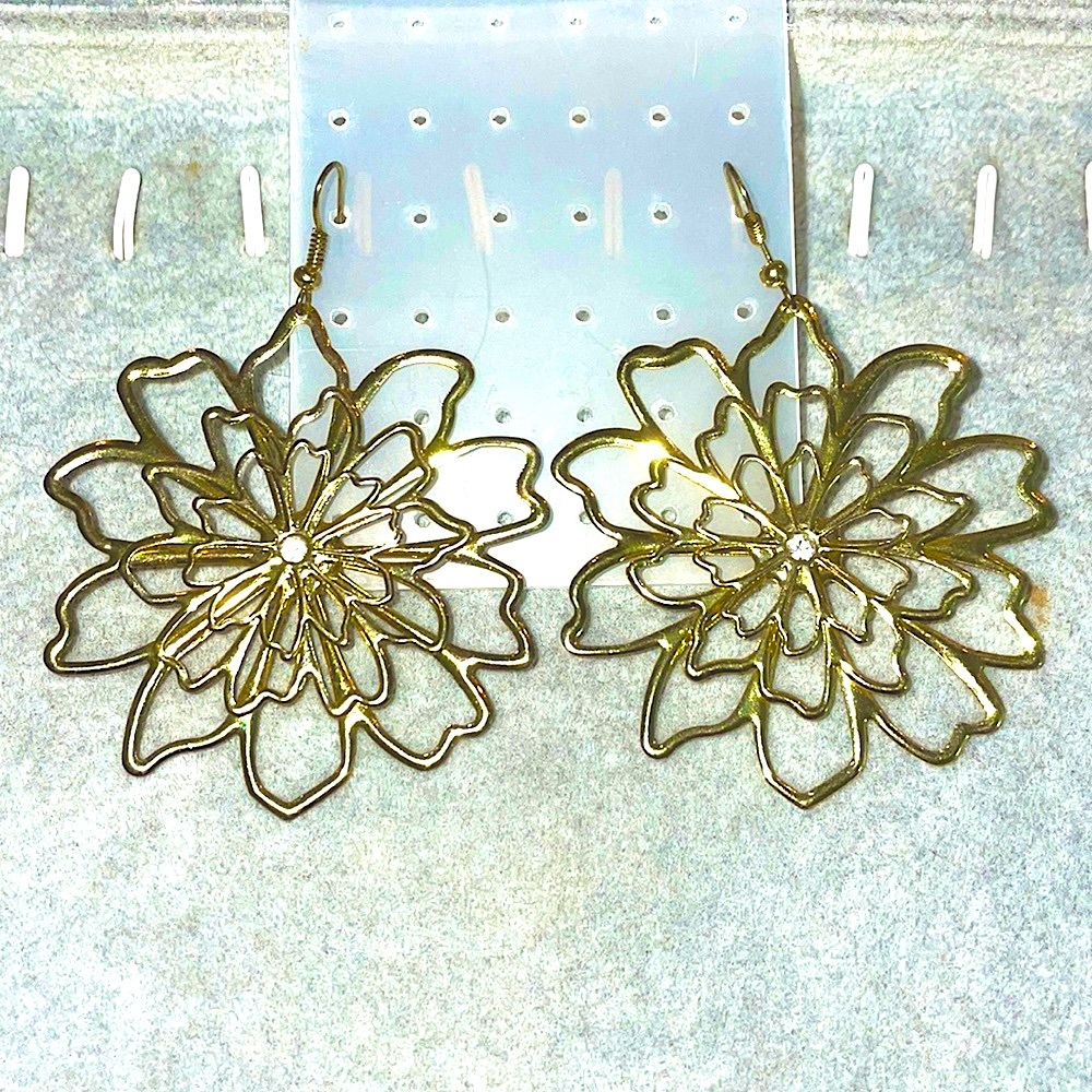 Gold Blossom Cutout Statement Earrings with CZ